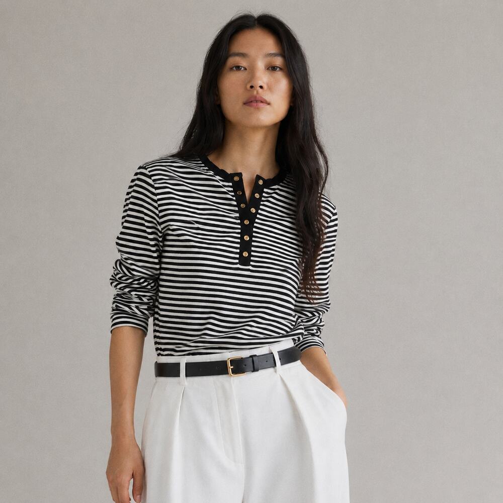 Anine Bing Alessia Striped Long Sleeve Knit Top Womens Black Jersey Crewneck